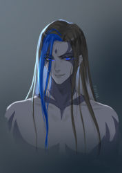 Rule 34 | absurdres, artist name, black hair, blue eyes, blue hair, dreamingpool, facial tattoo, forehead tattoo, full-body tattoo, gradient background, highres, kayn (league of legends), league of legends, long hair, looking at viewer, multicolored hair, neck tattoo, pale skin, parted lips, shadow assassin kayn, smile, smirk, tattoo, very long hair