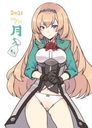 Rule 34 | 1girl, black gloves, blonde hair, blue eyes, blush, bottle, breasts, closed mouth, commentary request, cowboy shot, female pubic hair, flower, gloves, gluteal fold, groin, hair between eyes, hairband, jacket, kantai collection, long hair, long sleeves, looking at viewer, medium breasts, nakadori (movgnsk), panties, pout, pubic hair, cameltoe, red flower, red rose, rose, see-through, see-through panties, simple background, solo, spray bottle, thighs, tiara, underwear, very long hair, victorious (kancolle), wet, white background, white panties
