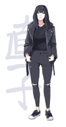 Rule 34 | 1girl, black eyes, black hair, black jacket, black pants, blunt bangs, closed mouth, commentary, denim, english commentary, highres, jacket, jeans, kanji, long hair, long sleeves, looking away, looking to the side, lynus, open clothes, open jacket, original, pants, shirt, shoes, sketch, sneakers, solo, t-shirt, torn clothes, torn jeans, torn pants, white background
