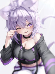 Rule 34 | 1girl, absurdres, ahoge, animal ear fluff, animal ears, black collar, black hoodie, blush, breasts, cat ears, cat girl, cat tail, cleavage, collar, fang, highres, hololive, hood, hoodie, large breasts, medium hair, nekomata okayu, nekomata okayu (1st costume), one eye closed, open mouth, pants, purple eyes, purple hair, saka mikatsuki, smile, solo, tail, virtual youtuber, white pants