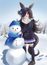 Rule 34 | 1girl, :d, absurdres, animal ears, bare tree, beanie, black hair, black thighhighs, blue coat, blue flower, blue hat, blue rose, blue scarf, blurry, blurry background, breath, brown footwear, buttons, clear sky, coat, coco (coco rr), commentary, day, depth of field, double-breasted, flower, frilled skirt, frills, fringe trim, hair over one eye, hat, hat flower, highres, horse ears, horse girl, horse tail, loafers, long hair, long sleeves, looking at viewer, miniskirt, open mouth, outdoors, pleated skirt, purple eyes, purple skirt, rice shower (umamusume), rose, scarf, school uniform, shadow, shoes, skirt, sky, smile, snow, snowman, solo, standing, tail, thighhighs, tilted headwear, tracen school uniform, tree, umamusume, winter, winter uniform
