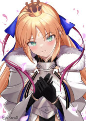 Rule 34 | 1girl, absurdres, ahoge, armor, artoria caster (fate), artoria caster (third ascension) (fate), artoria pendragon (fate), blonde hair, bow, bracelet, collar, collared shirt, core (rofyx69), crown, falling petals, fate/grand order, fate (series), fur-trimmed jacket, fur trim, green eyes, hair bow, highres, jacket, jewelry, long hair, long sleeves, looking at viewer, palms together, petals, shirt, smile, solo, twintails, white jacket