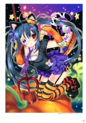 Rule 34 | 1girl, absurdres, animal ears, black thighhighs, blue hair, breasts, buckle, candy, cat ears, cat tail, eyepatch, fake animal ears, food, full body, garter straps, halloween, highres, holding, holding weapon, kamiya maneki, lollipop, looking at viewer, necktie, orange thighhighs, outdoors, paw pose, polearm, pumpkin, purple sky, red eyes, sky, star (symbol), striped clothes, striped thighhighs, swirl lollipop, tail, tareme, thighhighs, trident, twintails, weapon