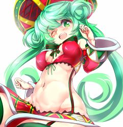 Rule 34 | 1girl, ;d, bow, bra, breasts, breasts apart, cowboy shot, detached collar, double bun, flower knight girl, green eyes, green hair, hat, long hair, looking at viewer, midriff, navel, one eye closed, open mouth, red bra, skirt, smile, solo, striped, striped bow, takabow, twintails, underwear, watachorogi (flower knight girl), white background