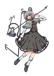 Rule 34 | 1girl, animal, animal ears, black dress, black footwear, capelet, dowsing rod, dress, full body, grey capelet, grey hair, highres, jewelry, long sleeves, mouse (animal), mouse ears, mouse tail, nazrin, open mouth, pendant, red eyes, shishi osamu, shoes, short hair, simple background, smile, socks, solo, tail, touhou, white background, white socks