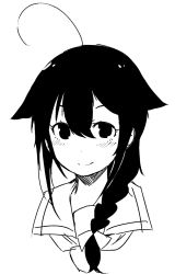 Rule 34 | 10s, 1girl, ahoge, bad id, bad pixiv id, black eyes, black hair, blush, braid, greyscale, hair over shoulder, kantai collection, looking at viewer, monochrome, portrait, shigure (kancolle), simple background, single braid, smile, solo, suruga (xsurugax), white background