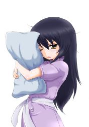 Rule 34 | 10s, 1girl, absurdres, angry, bad id, bad twitter id, black hair, brown eyes, commentary, daxz240r, dress, girls und panzer, glaring, hairband, highres, holding, holding pillow, long hair, looking at viewer, messy hair, hugging object, one eye closed, pajamas, pillow, pillow hug, purple dress, reizei mako, short sleeves, simple background, solo, standing, upper body, v-shaped eyebrows, white background, white hairband