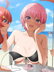 Rule 34 | 5girls, :t, ahoge, beach, bikini, bikini pull, black bikini, blue eyes, blue sky, blurry, blurry background, blush, breast press, breast slip, breasts, breasts apart, cellphone, clothes pull, cloud, collarbone, commentary, day, eating, facing viewer, food, front-tie bikini top, front-tie top, furrowed brow, go-toubun no hanayome, hair between eyes, hair ornament, hand on own cheek, hand on own face, hand up, head tilt, highres, ice cream, large breasts, lens flare, long hair, looking at food, looking at viewer, medium hair, multiple girls, nakano ichika, nakano itsuki, nakano nino, nakano yotsuba, nude, ocean, off shoulder, open mouth, orange hair, outdoors, phone, pink hair, poa mellhen, prank, profile, red hair, shiny skin, short hair, sidelighting, sky, smartphone, solo focus, star (symbol), star hair ornament, sweat, swimsuit, symmetrical docking, undressing another, v-shaped eyebrows
