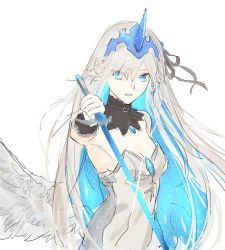 Rule 34 | 1girl, angel wings, blue eyes, blue hair, breasts, bright pupils, colored inner hair, crystar, dress, feathered wings, gloves, grey dress, grey ribbon, hair ribbon, hatada rei, holding, holding sword, holding weapon, horns, looking at viewer, low wings, multicolored hair, ribbon, sankomichi, simple background, single horn, small breasts, solo, starry sky print, strapless, strapless dress, sword, two-tone hair, weapon, white background, white gloves, white hair, white pupils, white wings, wings