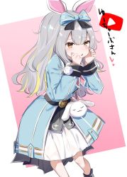 Rule 34 | 1girl, :o, animal ears, belt, blonde hair, blue jacket, blush, bow, brown eyes, feet out of frame, grey hair, hair bow, hands on own cheeks, hands on own face, highres, jacket, long hair, long sleeves, mochizuki himari, multicolored hair, pom pom (clothes), rabbit ears, solo, two-tone background, two-tone hair, uni create, utsusumi kio, virtual youtuber, youtube logo