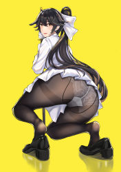 Rule 34 | 1girl, :d, ass, azur lane, black footwear, black hair, blush, bow, breasts, commentary request, enico, eyelashes, feet, from behind, full body, hair between eyes, hair bow, highres, jacket, katana, lace, lace panties, loafers, long hair, long sleeves, looking at viewer, looking back, open mouth, panties, panties under pantyhose, pantyhose, ponytail, ribbon, sheath, sheathed, shoes, sidelocks, simple background, skirt, smile, soles, solo, squatting, sword, takao (azur lane), thighband pantyhose, underwear, very long hair, weapon, white bow, white jacket, white panties, white skirt, yellow background, yellow eyes