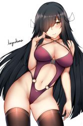 Rule 34 | 1girl, alternate costume, bare arms, bare shoulders, black hair, black thighhighs, blush, breasts, brown eyes, cleavage, closed mouth, clothing cutout, collarbone, commentary, cowboy shot, gluteal fold, groin, hair over one eye, hair ribbon, halterneck, hand up, hayashimo (kancolle), highleg, highleg leotard, highres, kantai collection, kitsune udon (ai br), large breasts, leotard, long hair, looking at viewer, navel, navel cutout, o-ring, purple leotard, ribbon, simple background, smile, solo, standing, stomach, thighhighs, thighs, very long hair, white background, white ribbon, yellow eyes