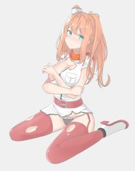 Rule 34 | 10s, 1girl, bad id, bad pixiv id, beige background, belt, belt buckle, black panties, blue eyes, breast pocket, breasts, brown hair, buckle, cleavage, closed mouth, dress, full body, garter straps, hair between eyes, hair ornament, hand on own arm, hand up, high heels, impossible clothes, kantai collection, large breasts, long hair, looking at viewer, neckerchief, orange hair, panties, pocket, ponytail, red neckerchief, red thighhighs, saratoga (kancolle), shiny skin, short sleeves, side ponytail, sidelocks, simple background, sitting, smokestack, solo, thighhighs, tiasis, torn clothes, torn dress, torn thighhighs, underwear, wariza, white dress