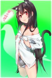 Rule 34 | 1girl, :i, animal ears, blush, breasts, brown hair, cat ears, cat girl, cat tail, censored, closed mouth, collarbone, commentary request, copyright request, cropped legs, dress shirt, grabbing, grabbing another&#039;s breast, grabbing own breast, green background, hair between eyes, head tilt, highres, long hair, navel, novelty censor, off shoulder, panties, panty pull, red eyes, shirt, small breasts, solo, striped clothes, striped panties, tail, tail raised, translation request, underwear, very long hair, white shirt, xiaoyu