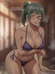 Rule 34 | 1girl, arm under breasts, bikini, blurry, blurry background, blush, breasts, breath, brown eyes, cleavage, collarbone, commentary, english text, glasses, gluteal fold, highres, jujutsu kaisen, large breasts, leaning forward, looking at viewer, medium hair, navel, parted lips, ponytail, purple-framed eyewear, shexyo, solo, stomach, strap gap, swimsuit, thighs, zen&#039;in maki