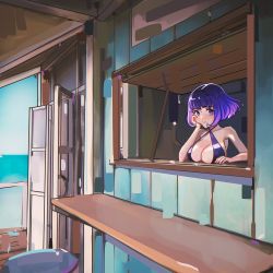 Rule 34 | 1girl, bob cut, breast rest, breasts, character request, head rest, cleavage, copyright request, criss-cross halter, day, halterneck, highres, large breasts, mark simonov, ocean, purple eyes, purple hair, short hair, solo, strap gap, wind, window, windowsill