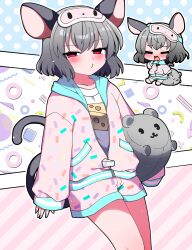 Rule 34 | 1girl, absurdres, alternate costume, animal ears, blue nails, blush, closed eyes, closed mouth, collarbone, commission, feet out of frame, fingernails, grey hair, highres, long sleeves, mouse ears, mouse tail, multiple views, nail polish, nazrin, open mouth, pink nails, red eyes, short hair, skeb commission, sleeves past wrists, stuffed animal, stuffed mouse, stuffed toy, tail, touhou, you (noanoamoemoe)