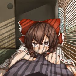 Rule 34 | 1boy, 1girl, blush, bow, brown eyes, brown hair, clenched hand, cloud, detached sleeves, facing viewer, frills, frown, fusuma, hair between eyes, hair bow, hair tubes, hakurei reimu, hand on another&#039;s chest, highres, indoors, japanese clothes, long hair, looking at viewer, lying, matsunome, miko, nose blush, on back, on stomach, open door, outstretched arms, pov, ribbon-trimmed sleeves, ribbon trim, sad, shade, shirt, sidelocks, sky, sliding doors, solo focus, sunlight, tatami, touhou, tree, wide sleeves, window, window blinds, window shadow