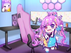 Rule 34 | 1girl, absurdres, ahoge, asymmetrical clothes, asymmetrical legwear, bandaid, bandaid on face, cellphone, chair, chibi, commission, computer, drawing (object), hair ornament, heterochromia, highres, hood, hoodie, idol corp, microphone, microphone stand, monitor, multicolored hair, open mouth, phone, pink eyes, pink hair, purple eyes, riro ron, smartphone, socks, star (symbol), teeth, tongue, twintails, virtual youtuber, wallpaper, wings