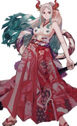 Rule 34 | 1girl, absurdres, club, club (weapon), earrings, green hair, hakama, highres, holding, holding weapon, horns, japanese clothes, jewelry, kanabou, long hair, multicolored hair, one piece, oni horns, patterned, patterned clothing, patterned hair, ponytail, red eyes, red hakama, sandals, simple background, sleeveless, smile, solo, standing, weapon, white background, white hair, yadu nadu, yamato (one piece)