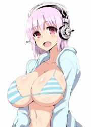Rule 34 | 1girl, :d, bikini, blush, breasts, collarbone, headphones, huge breasts, ishioto, long hair, nitroplus, open clothes, open mouth, pink hair, red eyes, simple background, smile, solo, striped bikini, striped clothes, super sonico, swimsuit, white background