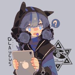Rule 34 | 1girl, ?, animal ears, arknights, blue eyes, blue hair, candy, character name, chibi, chinese commentary, double bun, food, food in mouth, glaucus (arknights), hair bun, highres, lollipop, long sleeves, multicolored hair, solo, spoken question mark, streaked hair, tablet pc, thurim6