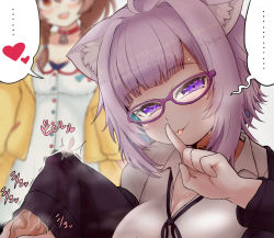 Rule 34 | ..., 1boy, 2girls, alternate costume, animal collar, animal ears, black jacket, braid, breasts, brown eyes, brown hair, cat ears, cat girl, choker, cleavage, collar, commentary request, cum, cum in clothes, cum on hair, cum through clothes, dog girl, dress, ejaculation, empty eyes, glasses, hair between eyes, handjob, heart, highres, hololive, inugami korone, inugami korone (1st costume), jacket, low twin braids, matarou (matarou072), multiple girls, nekomata okayu, nekomata okayu (oversized shirt), off shoulder, official alternate costume, penis, penis under another&#039;s clothes, purple eyes, purple hair, shirt, short hair, sleevejob, sleeves past wrists, spoken ellipsis, spoken heart, stealth sex, tongue, tongue out, translation request, twin braids, virtual youtuber, white dress, white shirt, yellow jacket