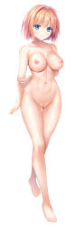 Rule 34 | 1girl, aikawa tatsuki, arm behind back, barefoot, blue eyes, breasts, censored, closed mouth, collarbone, commentary request, copyright request, full body, gluteal fold, groin, hair between eyes, hair intakes, large breasts, looking at viewer, mosaic censoring, navel, nude, orange hair, original, pussy, short hair, simple background, smile, solo, standing, thigh gap, white background