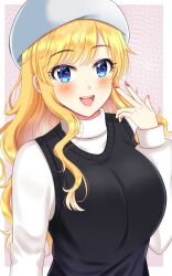 Rule 34 | 1girl, :d, black vest, blonde hair, blue eyes, blush, breasts, easyfunkycrazy, grey headwear, highres, idolmaster, idolmaster cinderella girls, large breasts, looking at viewer, multicolored hair, nail polish, ohtsuki yui, open mouth, red nails, shirt, smile, solo, sweater, teeth, tongue, two-tone hair, upper body, upper teeth only, vest, white hair, white shirt, white sweater