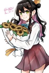 Rule 34 | 1girl, black hair, blue bow, blue bowtie, bouquet, bow, bowtie, cowboy shot, flower, halterneck, highres, kantai collection, kazu (really in hot water now), long hair, multicolored hair, naganami (kancolle), one-hour drawing challenge, pink hair, school uniform, shirt, simple background, solo, sunflower, two-tone hair, wavy hair, white background, white shirt