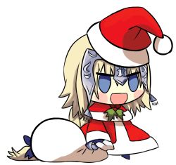 Rule 34 | 1girl, :d, absurdly long hair, alternate costume, blonde hair, blush, chibi, christmas, drawlightshinesweet, fate/grand order, fate (series), forehead protector, fur-trimmed jacket, fur trim, gift bag, hat, holding, holding sack, jacket, jeanne d&#039;arc (fate), jeanne d&#039;arc (ruler) (fate), long hair, long sleeves, meme, open mouth, padoru (meme), pants, sack, santa costume, santa hat, smile, solo, very long hair