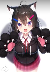 Rule 34 | 1girl, :d, absurdres, ahoge, animal ear fluff, animal ears, animal hands, black gloves, black hair, black jacket, blurry, blurry background, blush, breasts, cat ears, collared shirt, commentary request, cowboy shot, depth of field, drawstring, dress shirt, fang, gloves, hair between eyes, hair ornament, hairclip, hands up, highres, hood, hood down, hooded jacket, jacket, long sleeves, looking at viewer, mayogii, medium breasts, neck ribbon, open mouth, original, paw gloves, plaid, plaid skirt, pleated skirt, purple eyes, red ribbon, red skirt, ribbon, shirt, skirt, smile, solo, white shirt