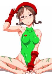 Rule 34 | 1girl, :o, akizuki ritsuko, armpits, bare shoulders, barefoot, beret, braid, brown eyes, brown hair, butterfly sitting, cammy white, cammy white (cosplay), capcom, clearite, cosplay, feet, fingerless gloves, glasses, gloves, hat, highres, idolmaster, idolmaster (classic), leotard, sitting, solo, street fighter, twin braids