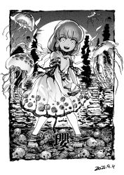 Rule 34 | 1girl, barefoot, chinese commentary, commentary, dated, dress, ebisu eika, full body, greyscale, heran hei mao, holding, holding rock, jellyfish, long earlobes, long hair, looking at viewer, monochrome, open mouth, outdoors, ripples, rock, short sleeves, smile, solo, stacking, touhou, wading, water