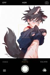 Rule 34 | 1boy, anger vein, animal ears, black hair, blue eyes, blush, cellphone, clothes lift, collar, fushiguro megumi, highres, iphone, jia qwq, jujutsu kaisen, male focus, mouth hold, navel, phone, smartphone, tail, taking picture, wolf boy, wolf ears, wolf tail, aged down
