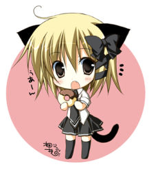 Rule 34 | 1girl, animal ears, black eyes, black thighhighs, blonde hair, bow, cat ears, cat tail, chibi, doughnut, food, gang, hair bow, hair ornament, hair ribbon, holding, korie riko, looking at viewer, lowres, necktie, open mouth, original, pleated skirt, ribbon, school uniform, short hair, simple background, skirt, solo, tail, thighhighs, zettai ryouiki