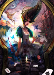Rule 34 | 1girl, absurdres, ace (playing card), ace of spades, alice: madness returns, alice (alice in wonderland), alice in wonderland, alice liddell (american mcgee&#039;s alice), american mcgee&#039;s alice, american mcgee's alice, apron, bad id, bad pixiv id, black hair, blood, breasts, bug, butterfly, card, choker, cleavage, dress, eyeliner, female focus, floating card, green eyes, hand on own hip, highres, insect, jewelry, keyhole, knife, lips, long hair, makeup, medium breasts, necklace, pantyhose, pendant, playing card, puffy sleeves, solo, spade (shape), striped clothes, striped pantyhose, torn clothes, vorpal blade, wind, zhuxiao517