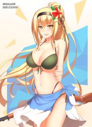 Rule 34 | 1girl, :d, alternate hairstyle, arms behind back, bikini, black hairband, black ribbon, blonde hair, blue sarong, blush, breasts, cleavage, collarbone, flower, front-tie bikini top, front-tie top, girls&#039; frontline, green bikini, green eyes, groin, gun, hair flower, hair ornament, hair ribbon, hairband, highleg, highleg bikini, highres, holding, holding gun, holding own arm, holding weapon, large breasts, long hair, looking at viewer, m1 garand, m1 garand (beach princess) (girls&#039; frontline), m1 garand (girls&#039; frontline), mikhail n, navel, official alternate costume, open mouth, ribbon, rifle, sarong, side-tie bikini bottom, smile, solo, stomach, swimsuit, weapon, x hair ornament