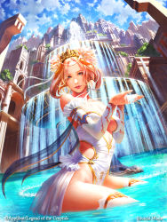 Rule 34 | 1girl, artist name, bare shoulders, blue eyes, bodysuit, breasts, cleavage, cloud, copyright name, day, fantasy, flower, fountain, hair flower, hair ornament, legend of the cryptids, official art, pink hair, shuichi wada, sitting, sky, solo, thighhighs, tiara, tree, water