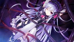 Rule 34 | 1girl, arms up, blush, bow, breasts, collar, detached collar, dress, dutch angle, fairy fencer f, frills, game cg, gradient hair, long hair, maid headdress, multicolored hair, neck ribbon, official art, one eye closed, open mouth, over-kneehighs, pink eyes, purple hair, restrained, ribbon, short sleeves, solo, sweat, tentacles, thighhighs, tiara (fairy fencer f), tsunako, very long hair, white hair, white thighhighs, wink