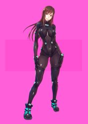 Rule 34 | 1girl, arms at sides, black bodysuit, bodysuit, breasts, brown eyes, brown hair, covered navel, curvy, full body, gantz, gantz suit, highres, large breasts, long hair, looking at viewer, parted lips, pink background, shimohira reika, simple background, skin tight, smile, solo, spandex, standing, swept bangs, yuuji (and)