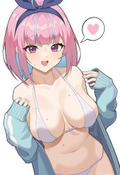 Rule 34 | 1girl, :d, absurdres, ahoge, bare shoulders, bikini, blue hair, blue hairband, blue jacket, blunt bangs, blush, bob cut, bow hairband, breasts, collarbone, commentary, dutch angle, english commentary, hairband, halterneck, hands up, heart, highres, hololive, jacket, large breasts, looking at viewer, minato aqua, multicolored hair, navel, new sankin nyu, off shoulder, open clothes, open jacket, open mouth, pink hair, purple eyes, short hair, sidelocks, simple background, sleeves past wrists, smile, solo, speech bubble, spoken heart, stomach, streaked hair, string bikini, sweat, swimsuit, teeth, two-tone hair, upper teeth only, virtual youtuber, white background, white bikini