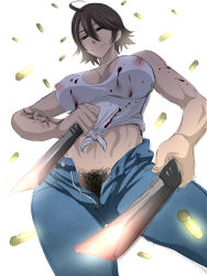 Rule 34 | 1girl, ammunition, bad id, bad pixiv id, bare shoulders, blood, breasts, brown hair, chequita, covered erect nipples, denim, female focus, female pubic hair, green eyes, highres, jeans, jormungand (manga), large breasts, midriff, no panties, pants, pubic hair, pussy, see-through, shirt, short hair, simple background, solo, standing, sword, tattoo, tora (net1nen), uncensored, unzipped, unzipped pants, weapon, white background