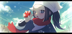 Rule 34 | 1girl, akari (pokemon), black hair, black shirt, blurry, blush, bright pupils, cloud, commentary request, creatures (company), day, eyelashes, floating scarf, game freak, grey eyes, grey jacket, hand up, head scarf, highres, jacket, long hair, looking at viewer, nintendo, open mouth, outdoors, pokemon, pokemon legends: arceus, ponytail, red scarf, scarf, sen light, shirt, sidelocks, sky, smile, solo, tongue, upper body, white headwear