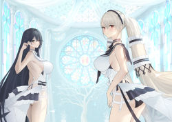 Rule 34 | absurdres, armpits, ass, azur lane, backless dress, backless outfit, bare arms, bare shoulders, bare tree, black choker, black hair, black panties, blush, breasts, brown eyes, choker, church, closed mouth, cowboy shot, dress, formidable (azur lane), formidable (timeless classics) (azur lane), greyscale, hairband, hand up, highres, indomitable (azur lane), indoors, large breasts, layered dress, long hair, looking at viewer, looking back, mamima, monochrome, panties, pantyshot, red eyes, sideboob, stained glass, tree, twintails, underwear, very long hair, white choker, white dress, white hairband
