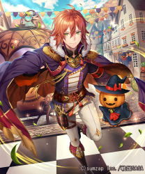Rule 34 | 1boy, ahoge, armband, bad id, bad pixiv id, blue sky, brown hair, cape, carriage, cloud, company name, day, epaulettes, fur trim, glint, hair between eyes, hat, house, jack-o&#039;-lantern, leaf, looking at viewer, male focus, official art, pants, purple cape, running, sengoku saga, shiba 0, sky, smile, string of flags, tree, white pants, witch hat, yellow eyes