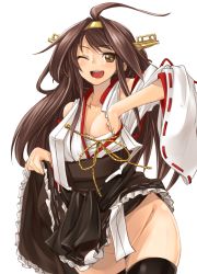 Rule 34 | 10s, 1girl, ;d, ahoge, bare shoulders, blush, brown hair, clothes lift, detached sleeves, double bun, hair ornament, hairband, headgear, japanese clothes, kantai collection, kongou (kancolle), long hair, miko, no panties, nontraditional miko, one eye closed, open mouth, personification, ribbon trim, skirt, skirt lift, smile, solo, thighhighs, wink, yasu (yossy)