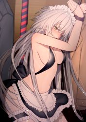 Rule 34 | 1girl, ahoge, apron, arms up, bdsm, bikini, black ribbon, blush, bondage, bound, bound wrists, breasts, cleavage, closet, commentary request, cowboy shot, fate/grand order, fate (series), frilled apron, frilled garter, frills, highres, jacket, jeanne d&#039;arc (fate), jeanne d&#039;arc alter (avenger) (fate), jeanne d&#039;arc alter (fate), long hair, maid, maid apron, maid bikini, maid headdress, mairudo (mildcoffee1117), medium breasts, navel, necktie, ribbon, silver hair, striped neckwear, suit jacket, swimsuit, tsurime, unconventional maid, unworn necktie, very long hair, wooden wall, yellow eyes