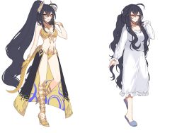 Rule 34 | 1girl, absurdres, ahoge, black hair, blue footwear, blush, breasts, brown eyes, brown footwear, cleavage, copyright request, dress, fang, groin, hair between eyes, hand up, high heels, high ponytail, highres, horns, ia (ias1010), long hair, long sleeves, medium breasts, multiple views, navel, open mouth, parted lips, ponytail, puffy long sleeves, puffy sleeves, revealing clothes, scales, simple background, sleeves past wrists, slippers, standing, standing on one leg, v-shaped eyebrows, very long hair, white background, white dress
