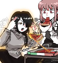 Rule 34 | 2girls, artist name, black hair, black pants, braid, brown hair, chain, chainsaw man, concentrating, eating, fami (chainsaw man), fingers to head, food, grey hair, grey shirt, hair over one eye, hair over shoulder, highres, holding, holding food, holding pizza, long hair, long sleeves, looking at another, medium hair, mole, mole under eye, multiple girls, multiple moles, nayuta (chainsaw man), open mouth, osulan, pants, pink eyes, pizza, pizza box, pizza slice, red eyes, ringed eyes, shirt, sidelocks, single braid, sitting, sketch, table, telekinesis, turtleneck, v-shaped eyebrows, yellow eyes